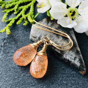 Sunstone Dangle Earrings, Gold Filled Wire Wrapped Gemstone Drops 6123a Sunstone Dangle Earrings, Gold Filled Wire Wrapped Gemstone Drops 6123a