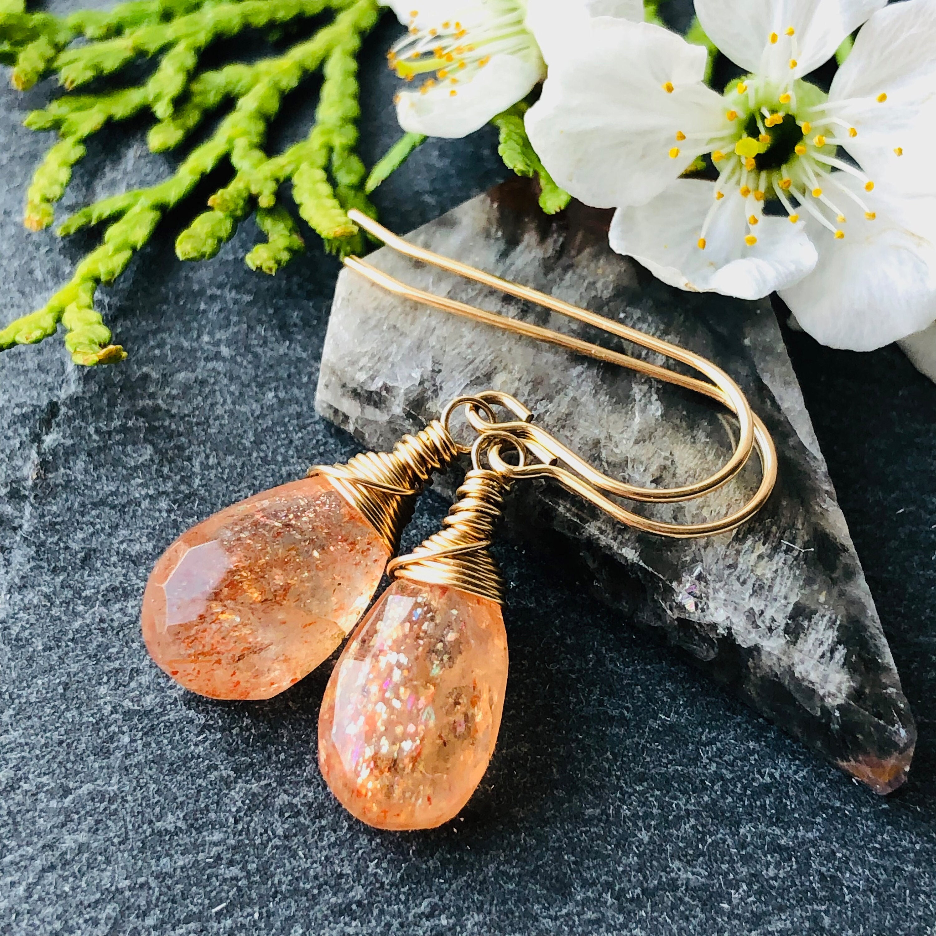Sunstone Dangle Earrings, Gold Filled Wire Wrapped Gemstone Drops 6123a