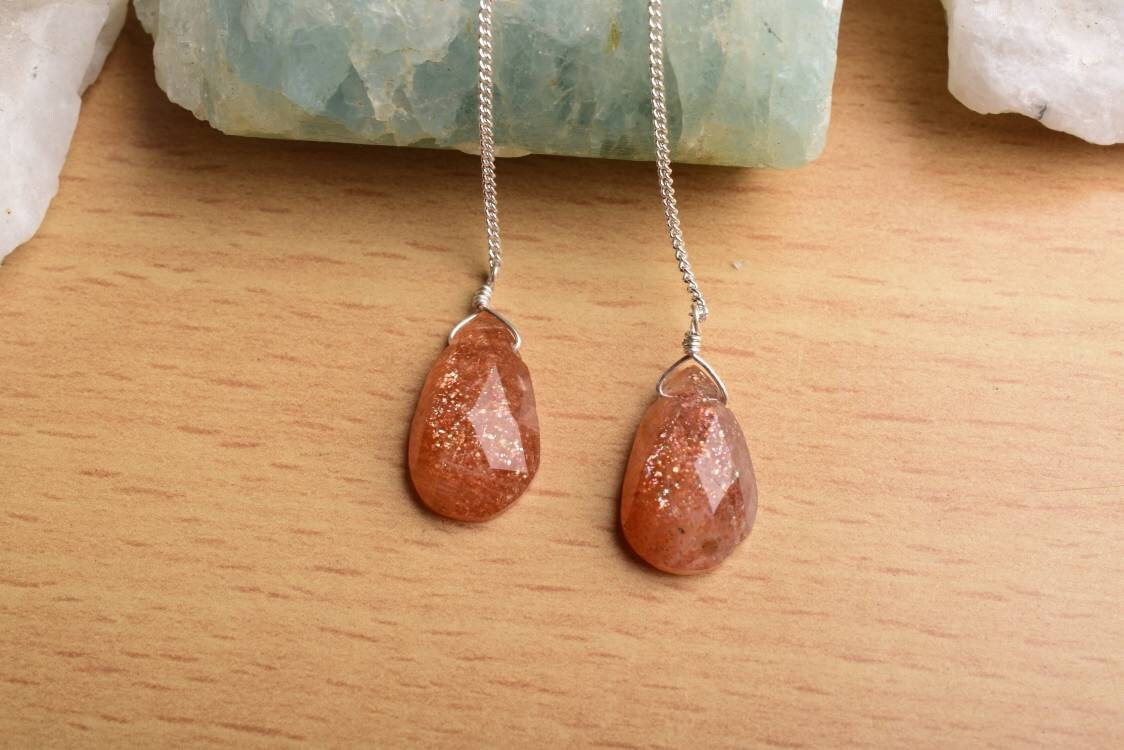 Designer Sunstone Pear Earring In 925 Sterling Silver, Artisan Earrings, Silver Jewelry, Dainty Earring, Wire Wrap, Handmade, Gift For Her