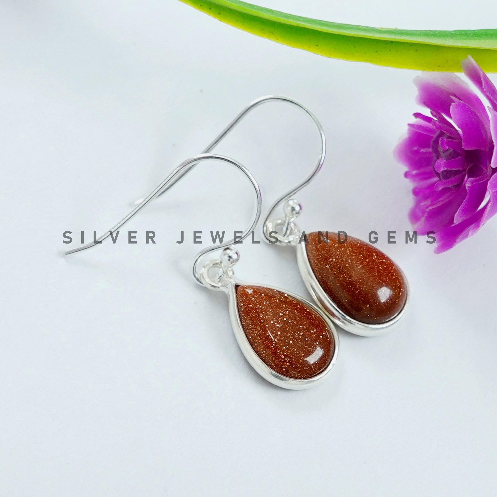 Teardrop Sunstone Earrings, Bezel Set, 925 Sterling Silver