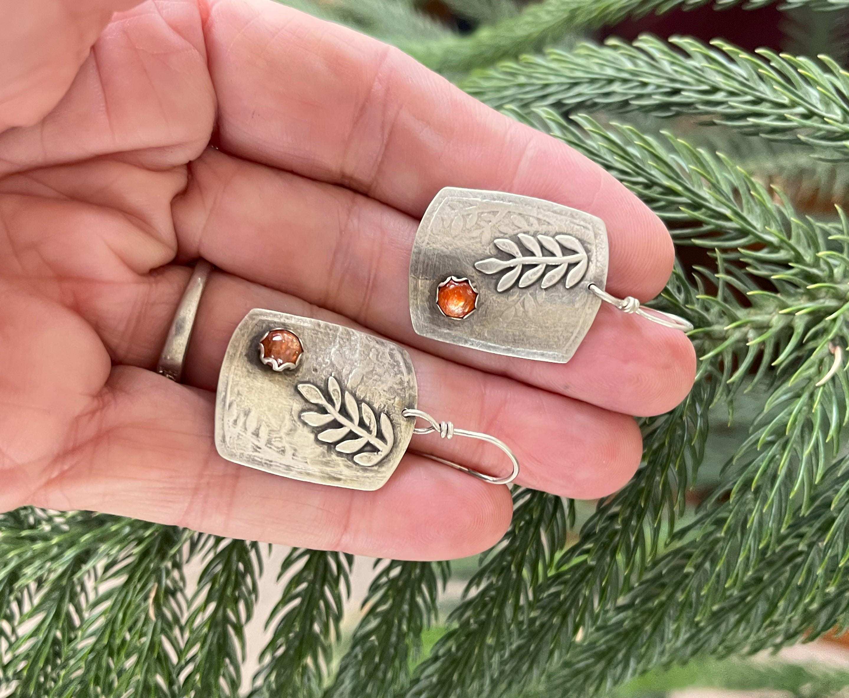 Sunstone Floral Leaf Earrings, Handcrafted Sterling Silver, Artisan Jewelry