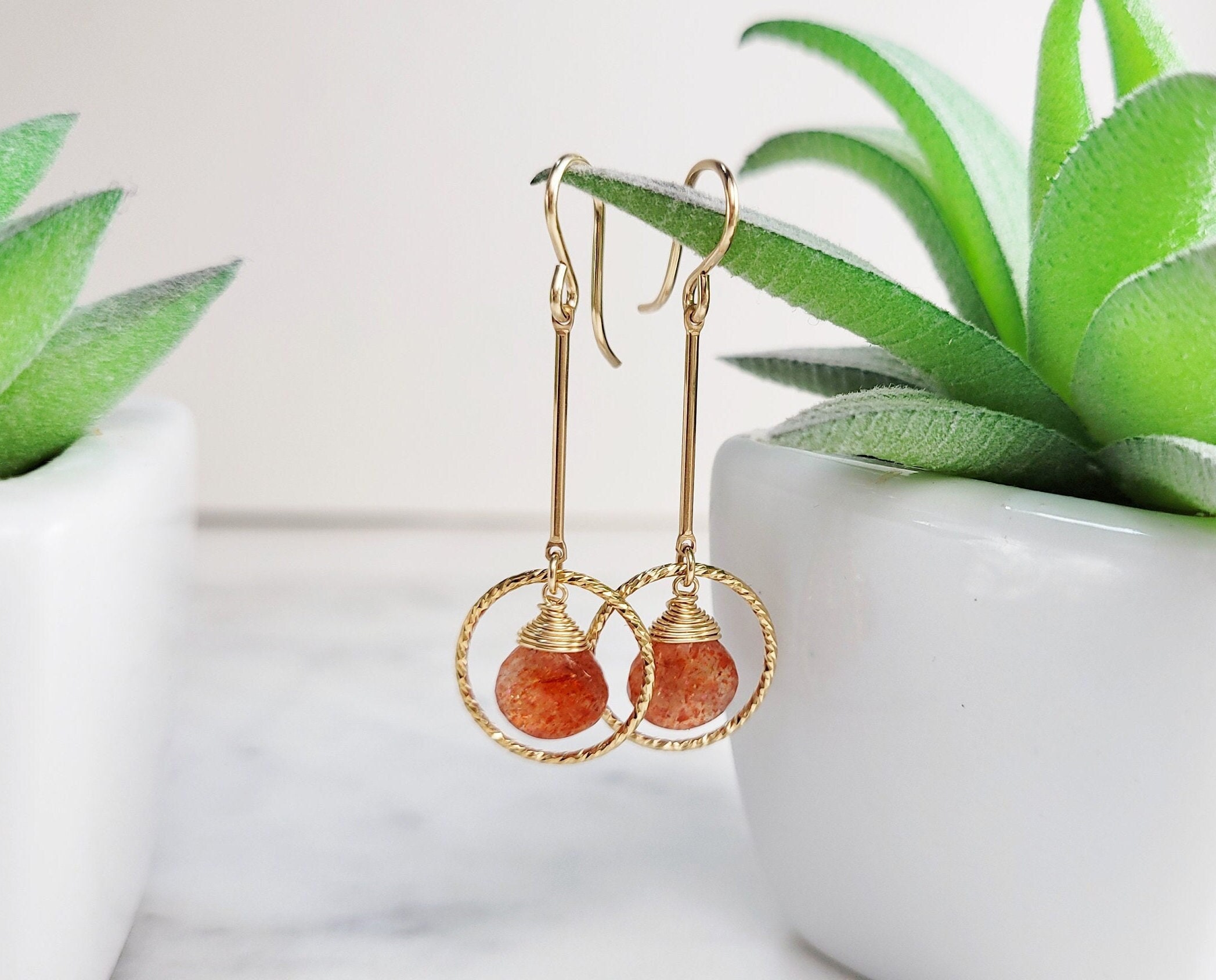 Sunstone Earrings, Gemstone Earrings / Handmade Jewelry / Long Dangle Earrings, Gold Hoop Earrings, Everyday Earrings, Statement Earrings