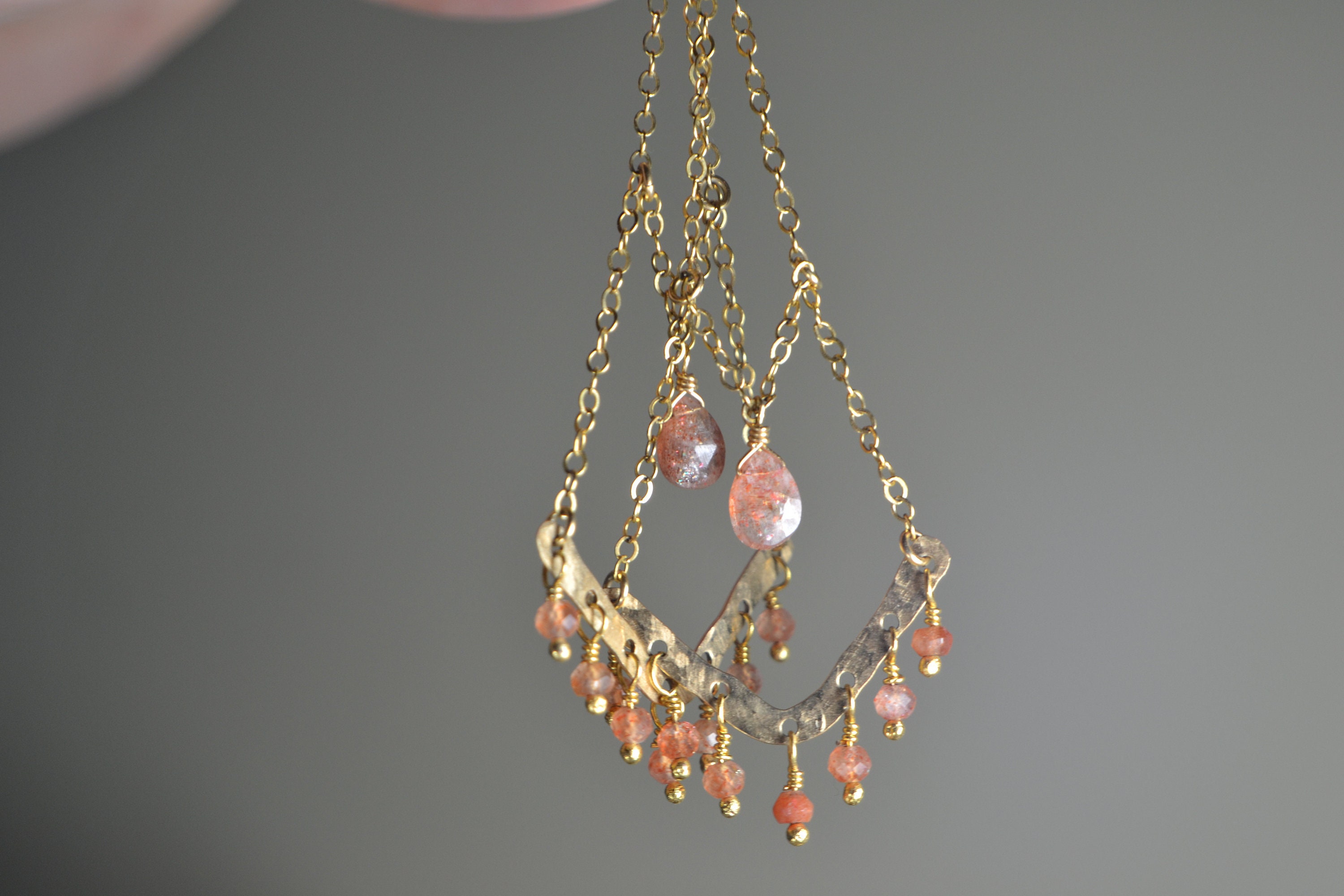 Genuine Oregon Sunstone Earrings In 14k Gold // Solid Gold Sunstone Chandelier // Long Sunstone Earrings // Bohochic Jewelry // Summer