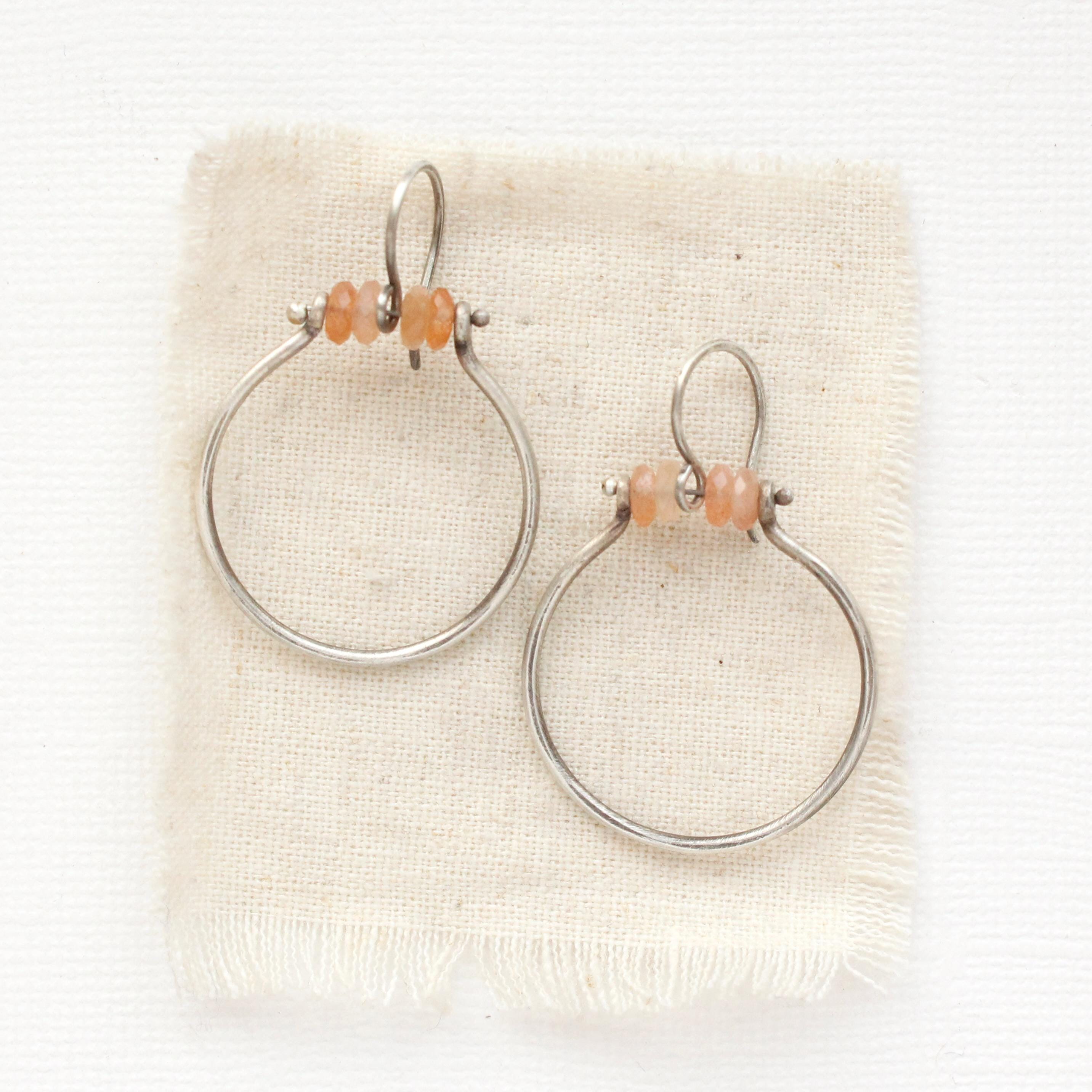 Sunstone Halo Hoop Earrings, Unique Gemstone Hoop Earrings, Medium Size Silver Hoops, Summer Style, Southwestern Jewelry