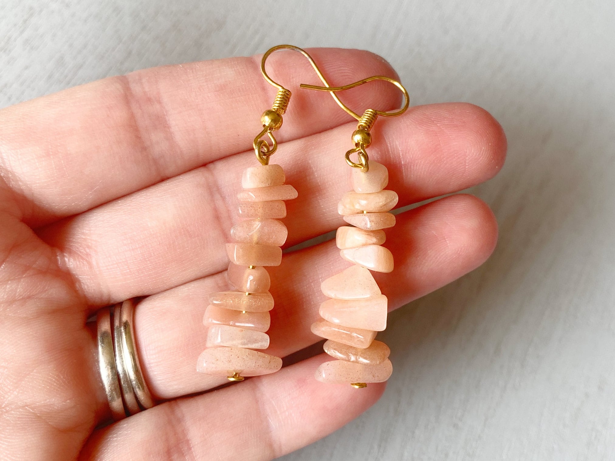 Handcrafted Sunstone Earrings Gold, Crystal Drop Earrings Silver, Orange Crystal Dangle Earrings, Healing Crystal Earrings For Women