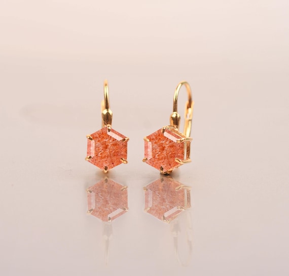 Natural Sunstone Earring- Hexagon Earring, Bridal Earing, Orange Gemston Earring, Anniversary Gifts For Her