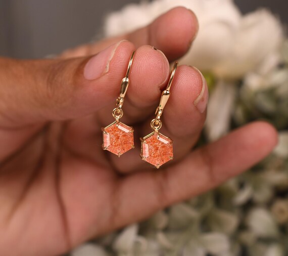 Natural Sunstone Earrings – Hexagon Earring Bridal Jewelry
