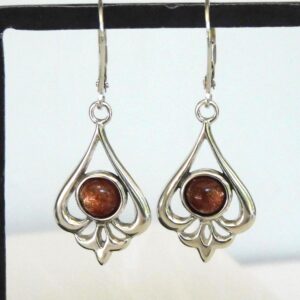 New Natural Confetti Sunstone Art Nouveau Style Drop Earrings: Sterling Silver