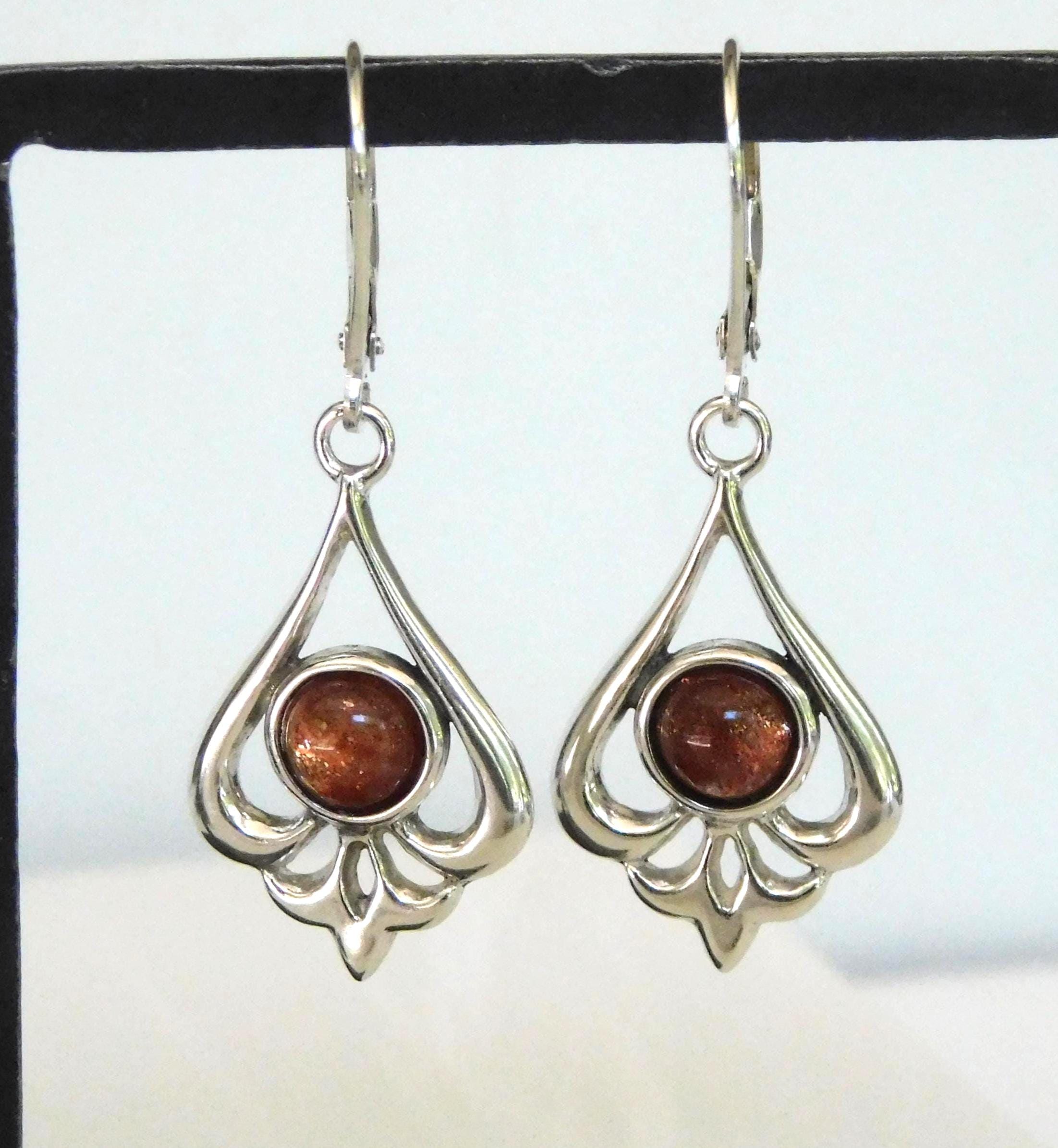 New Natural Confetti Sunstone Art Nouveau Style Drop Earrings: Sterling Silver