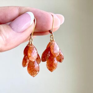 Orange Sunstone Cluster Earrings, Oregon Sunstone Wire Wrapped Teardrop Statement Cluster in Gold, Sparkly Large drop Earrings Gift for her Orange Sunstone Cluster Earrings, Oregon Sunstone Wire Wrapped Teardrop Statement Cluster in Gold, Sparkly Large drop Earrings Gift for her