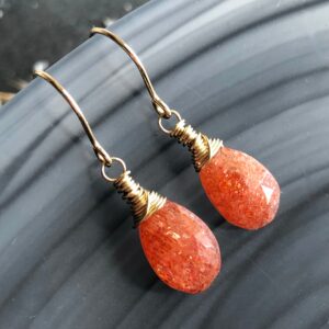 Orange Fire Sunstone Earrings, Gold Filled Wire Wrapped Dangle Drops Orange Fire Sunstone Earrings, Gold Filled Wire Wrapped Dangle Drops