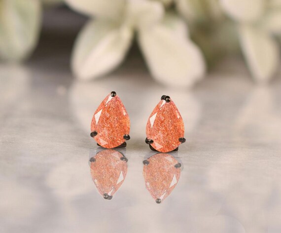 Pear Sunstone Earrings: Women's Stud, Birthstone Earring, Sun Sitara Stone Earring, Gift For Her