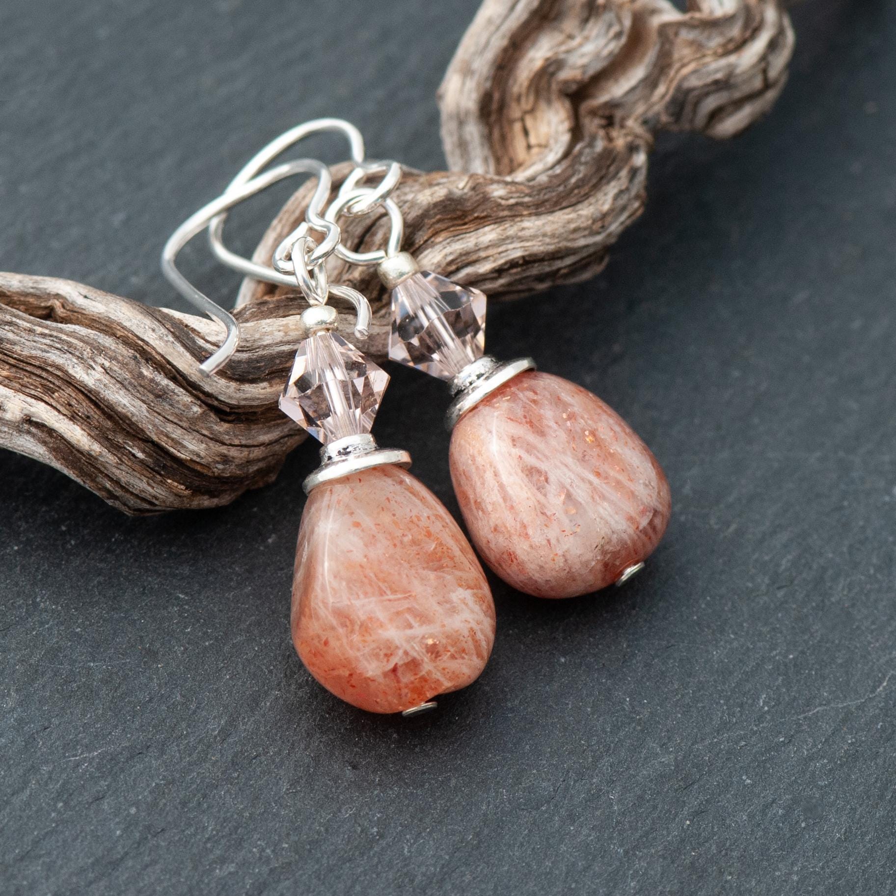 Petite Sunstone Nugget Earrings, Premium Crystal & Pale Peach Natural Stone Dangles, 925 Sterling Silver French Ear Wires, Leo Birthstone