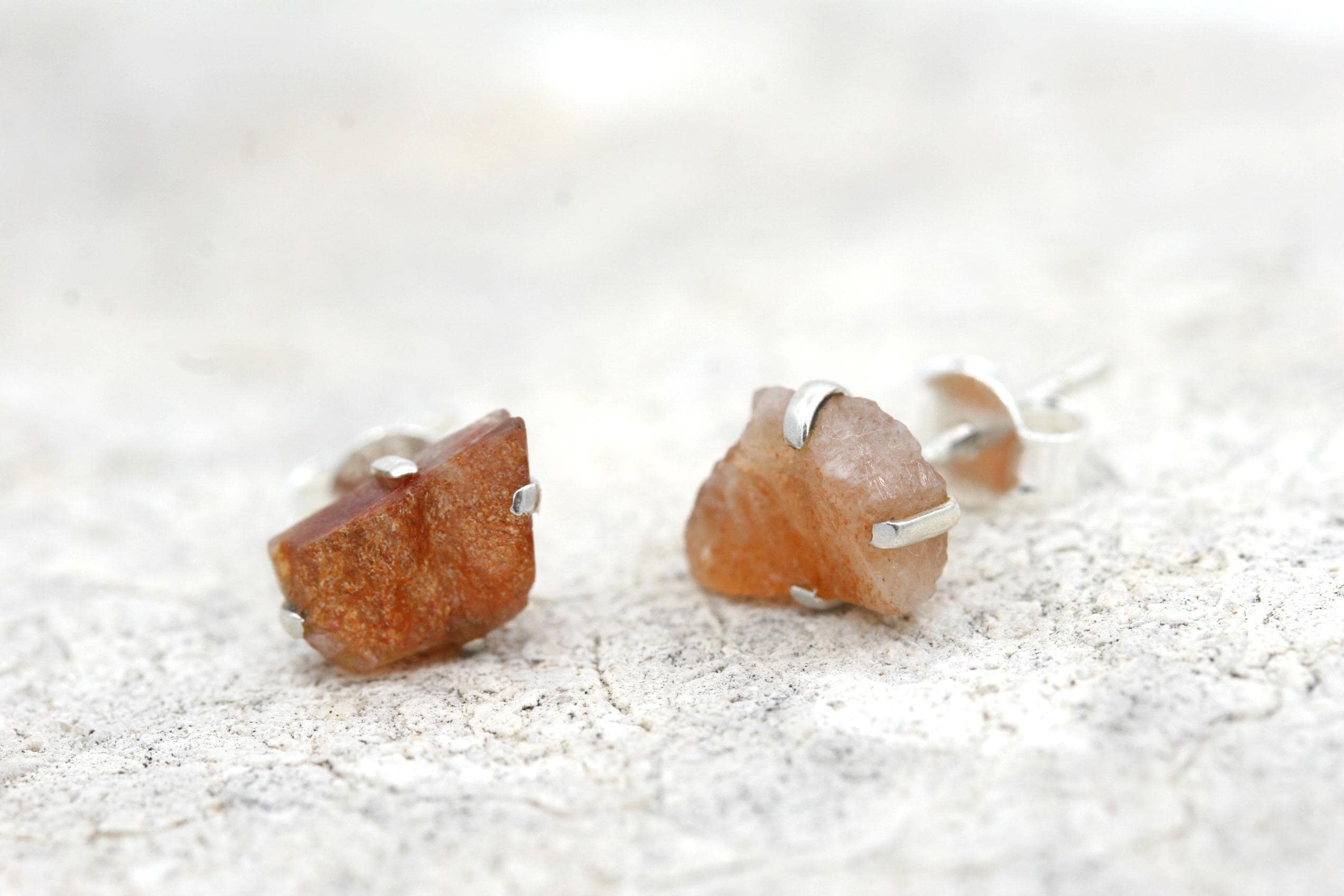 Raw Sunstone Stud Earrings: Sterling Silver
