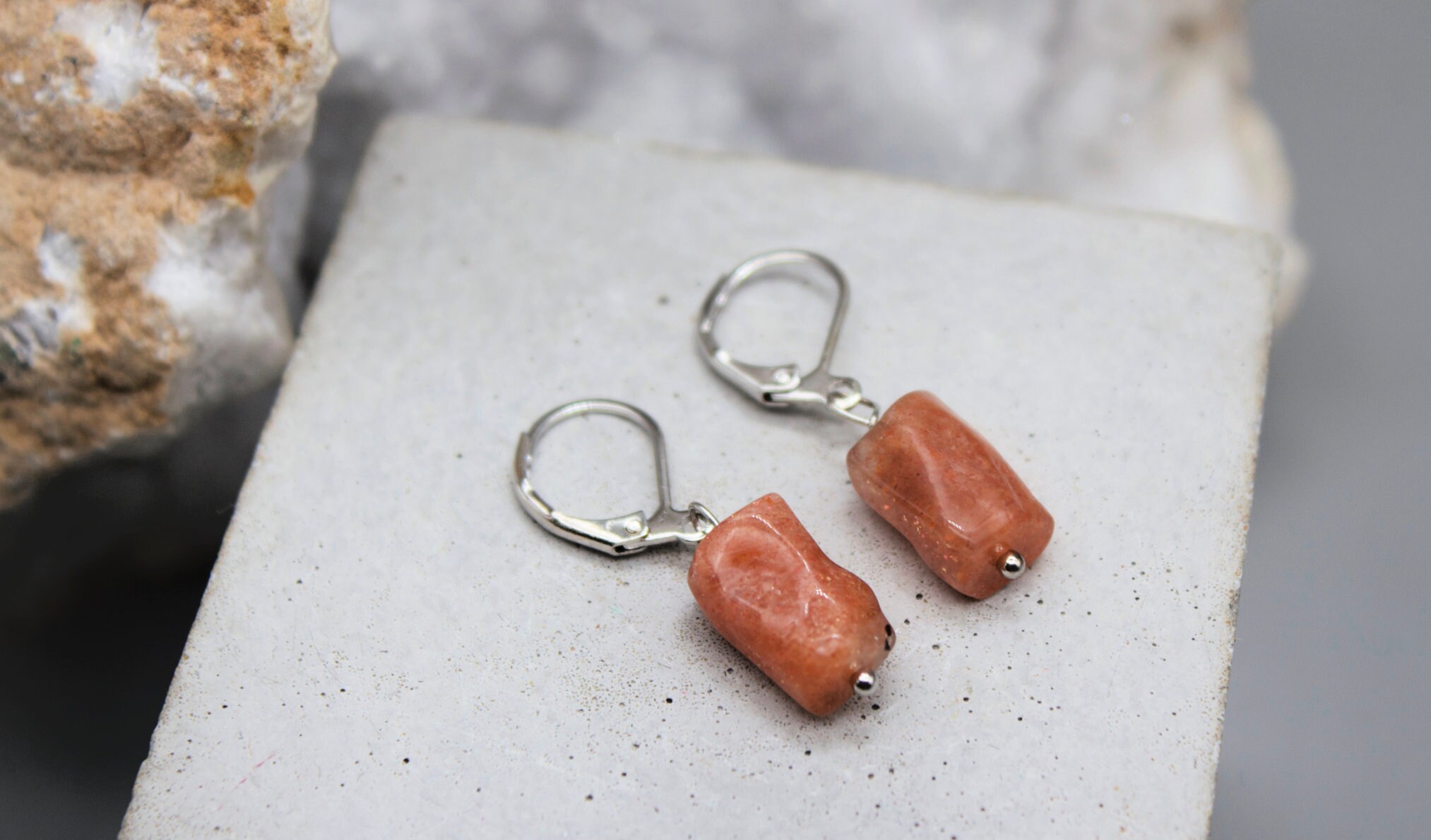 Real Sunstone Crystal Earrings: Silver Copper Jewelry