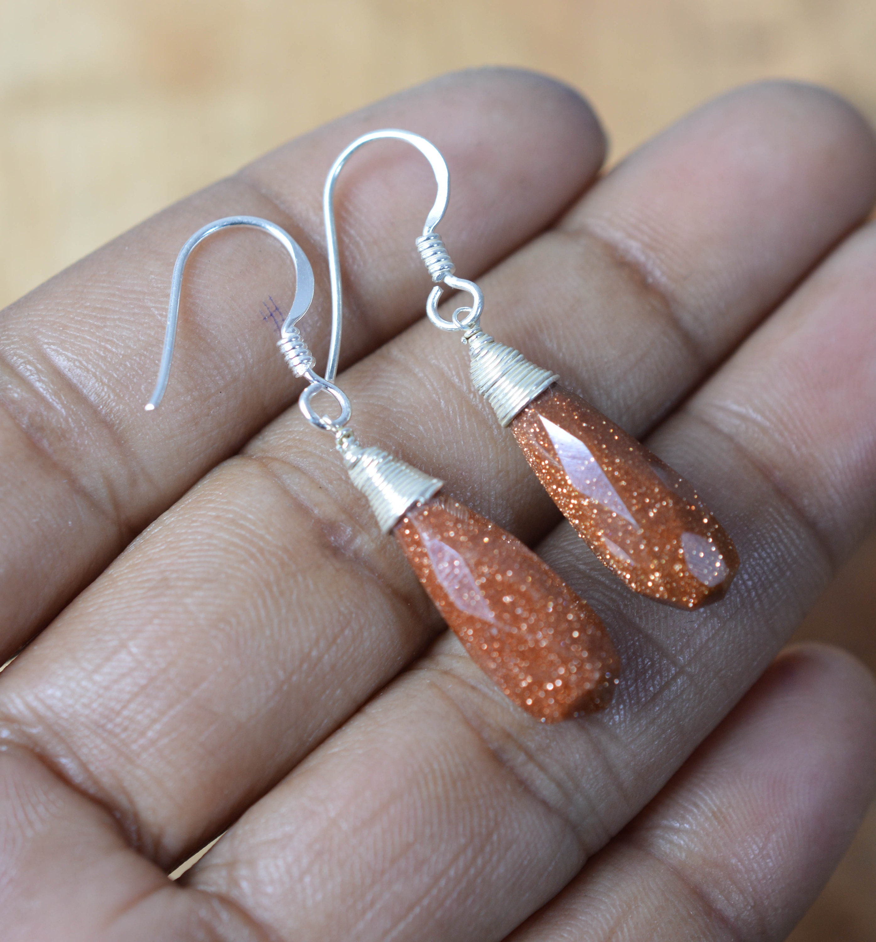 Red Sunstone 925 Sterling Silver Gemstone Long Drop Earring