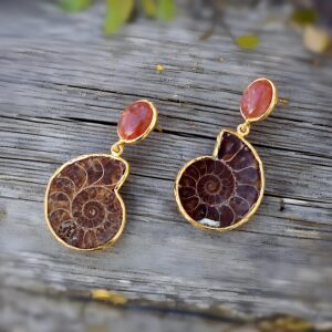 Sea Ammonite Sunstone Earrings, Fossil Boho Earrings
