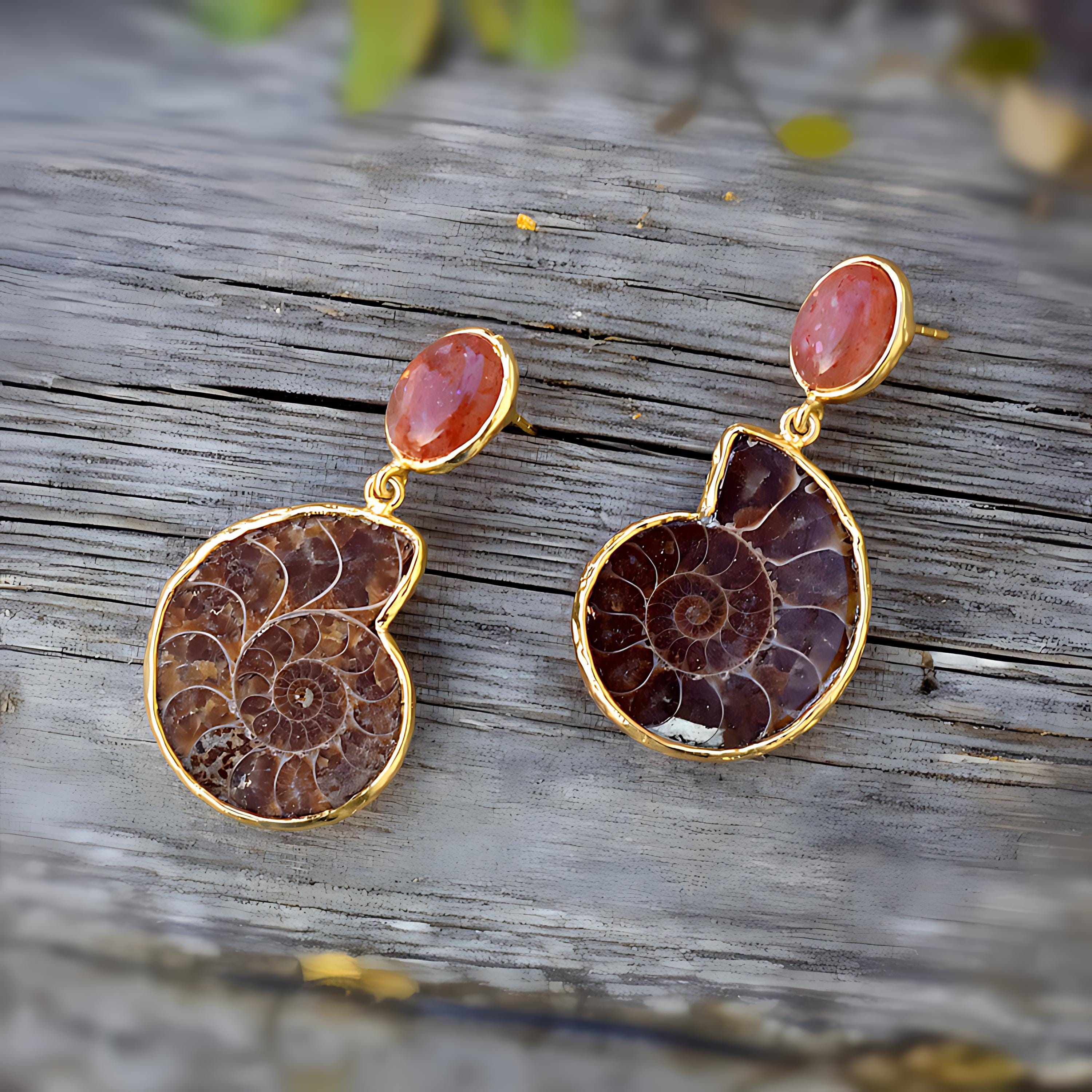 Sea Ammonite Sunstone Earrings, Fossil Boho Earrings
