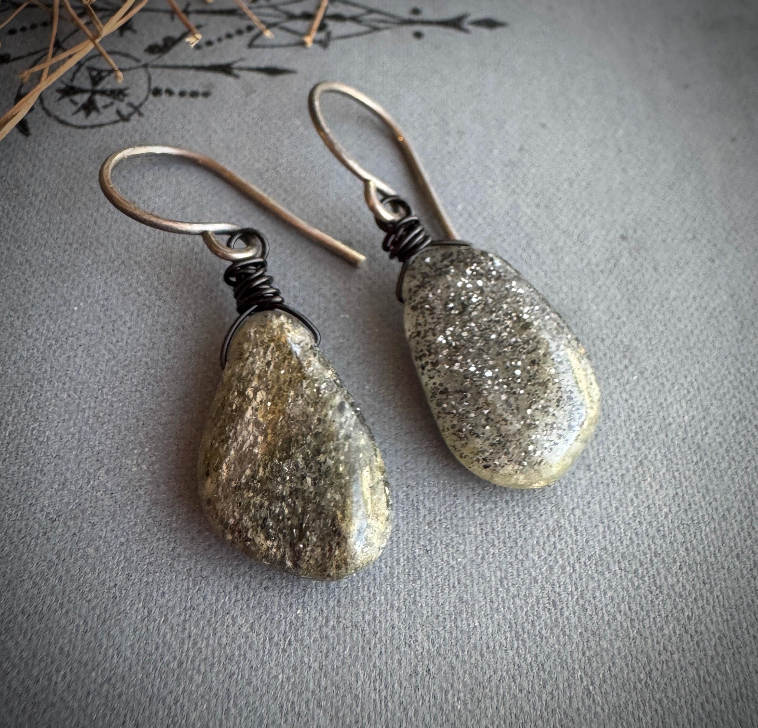Sparkly Black Sunstone Earrings On Antiqued Sterling Silver, Simple Stone Teardrop Earrings Sparkly Black Sunstone Earrings On Antiqued Sterling Silver, Simple Stone Teardrop Earrings