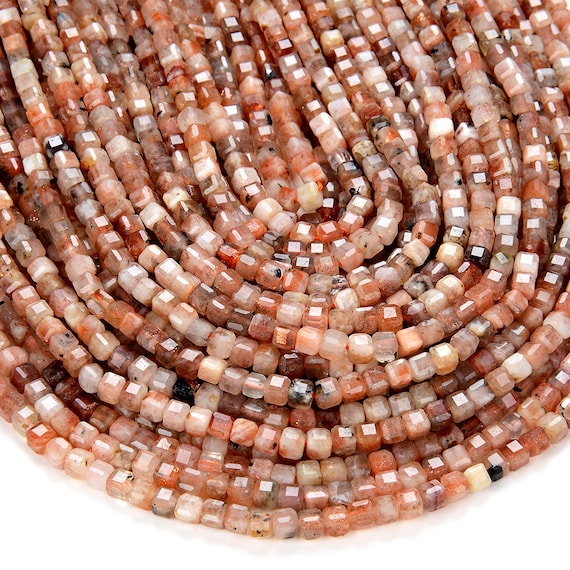 4mm Natural Sunstone Gemstone Grade Aa Micro Faceted Diamond Cut Cube Loose Beads Bulk Lot 1,2,6,12 And 50 (p40)