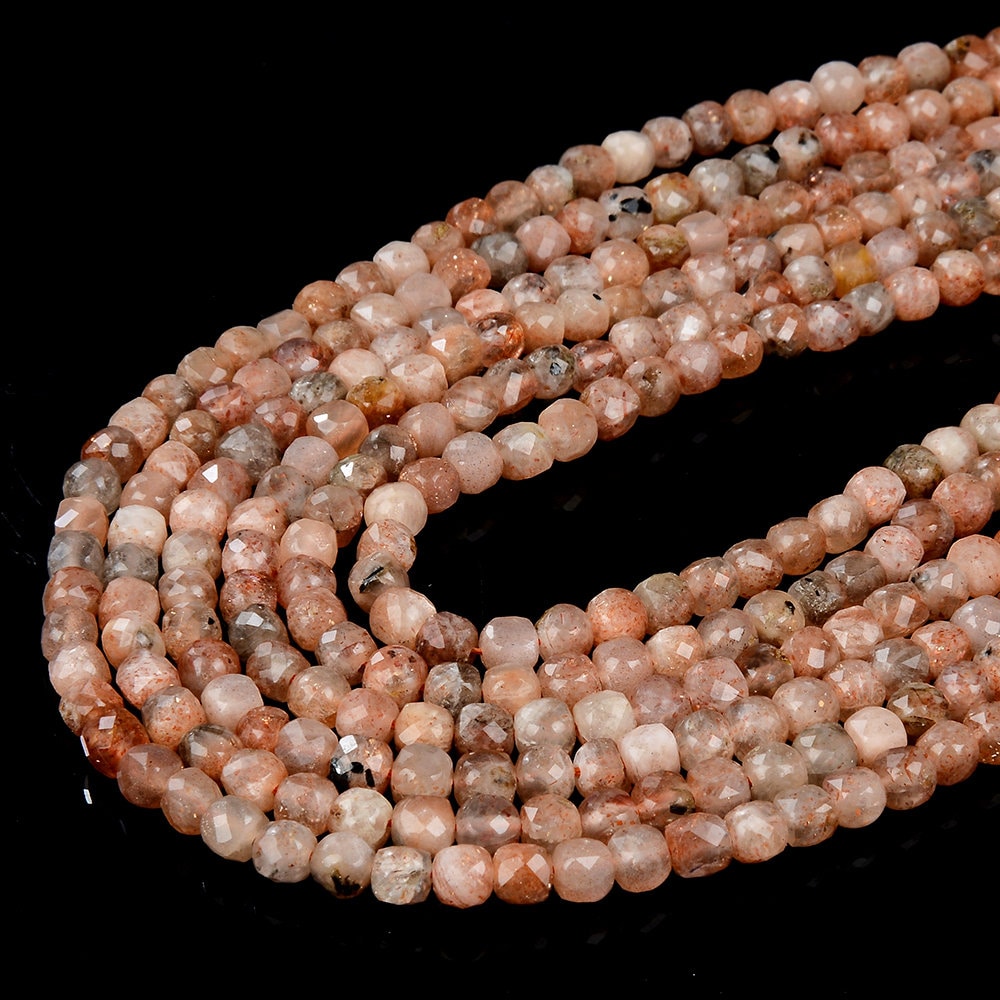 4mm Natural Sunstone Gemstone Grade Aa Micro Faceted Square Cube Loose Beads (p23)