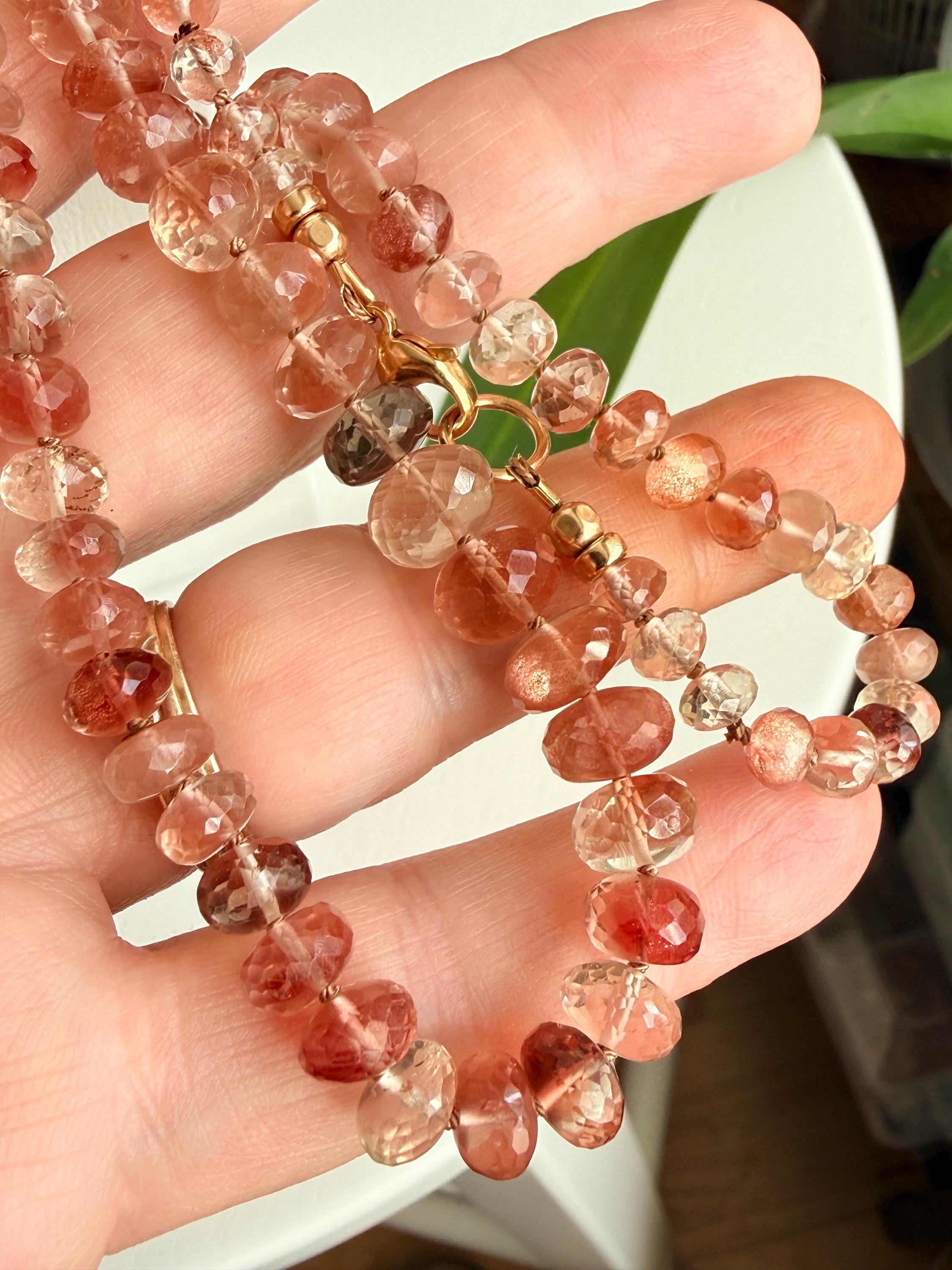 Aaa Oregon Sunstone Necklace, Genuine Gemstone Necklace, Silk Knotted Oregon Sunstone Necklace