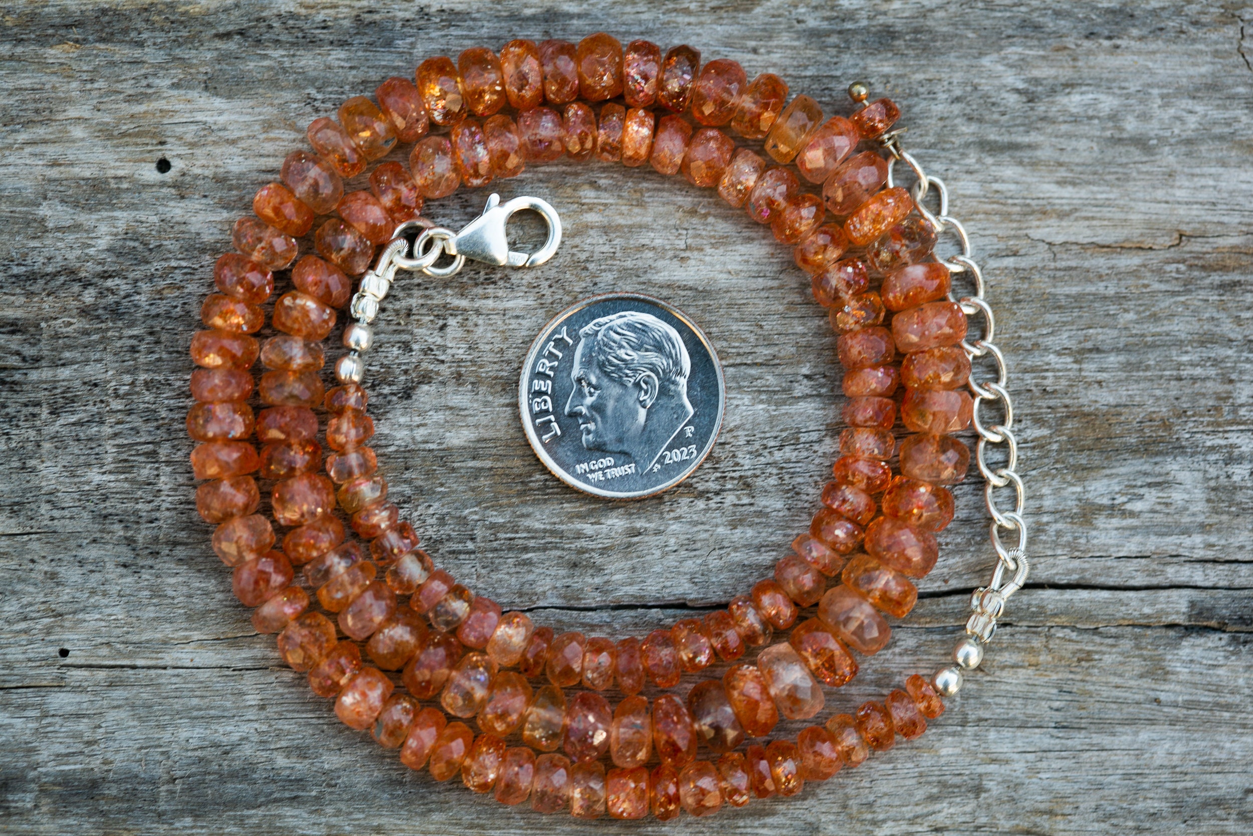 Sunstone Bead Necklace: Micro Faceted Rondelle, Sterling Silver Clasp