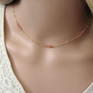 Sunstone Beaded Necklace - Dainty Station Necklace with Gold Filled Chain - Minimalist Jewelry