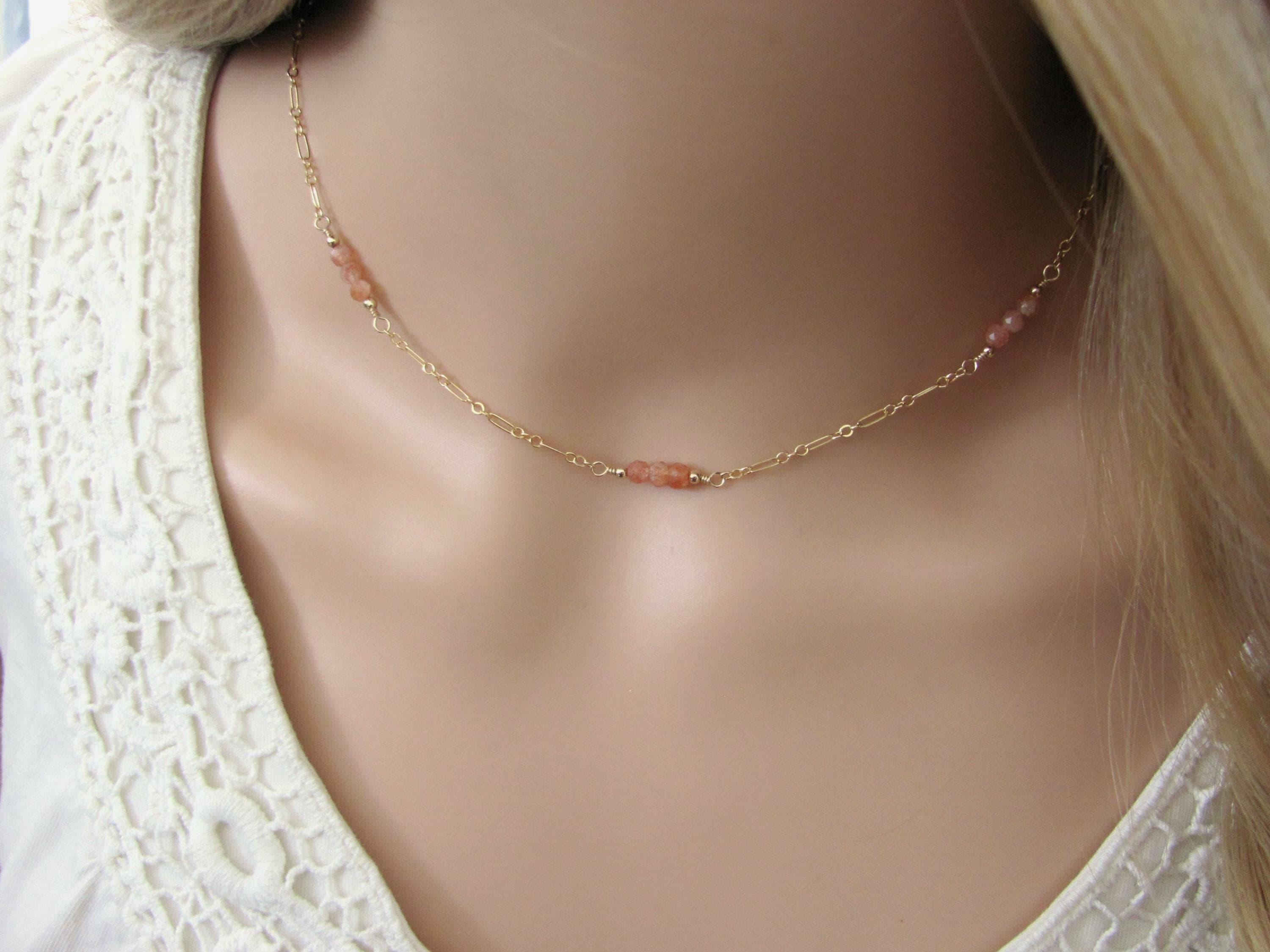 Sunstone Beaded Necklace - Dainty Station Necklace With Gold Filled Chain - Minimalist Jewelry