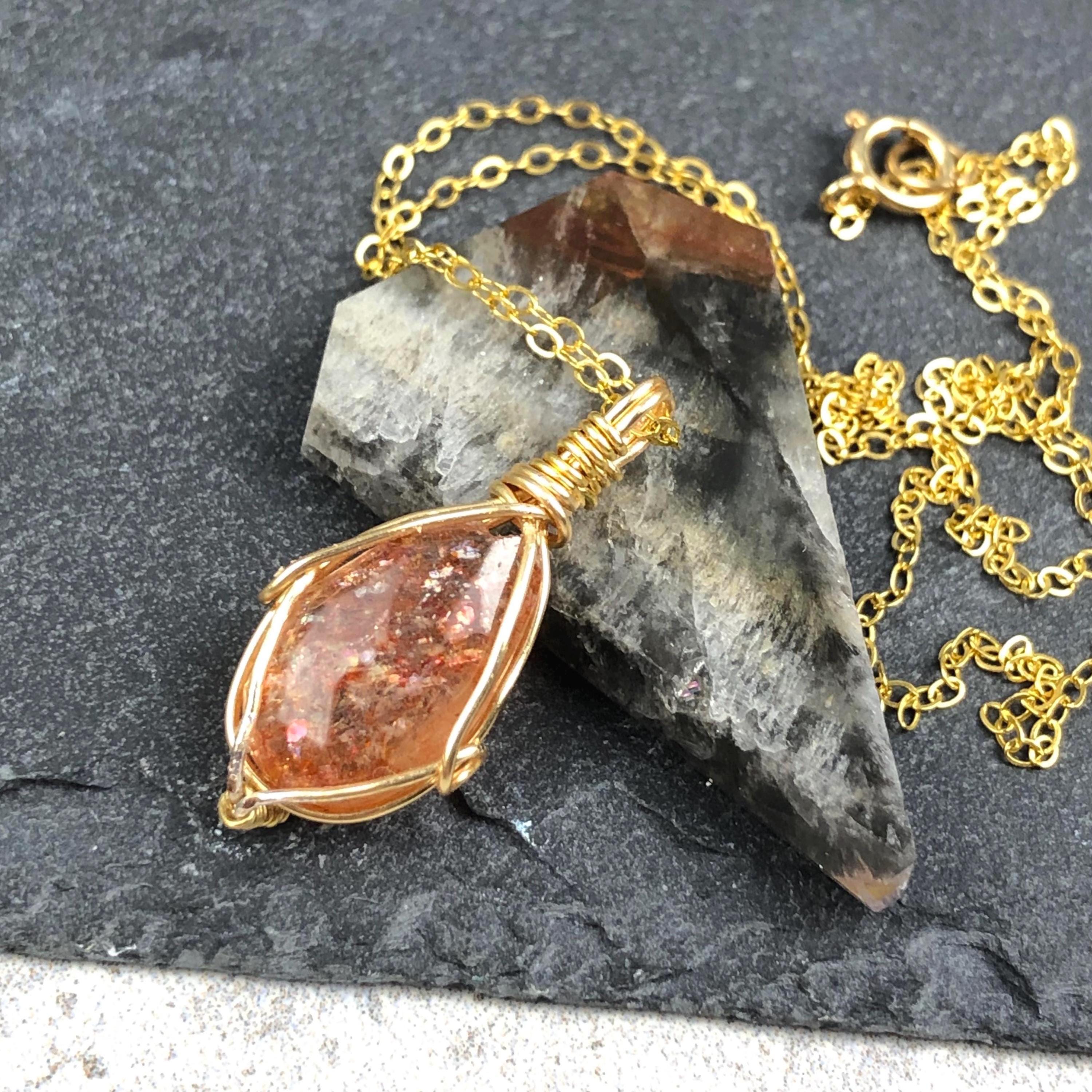 Sunstone Necklace, Gold Filled Wire Wrapped Natural Gemstone, Dainty Artisan Jewelry 8183