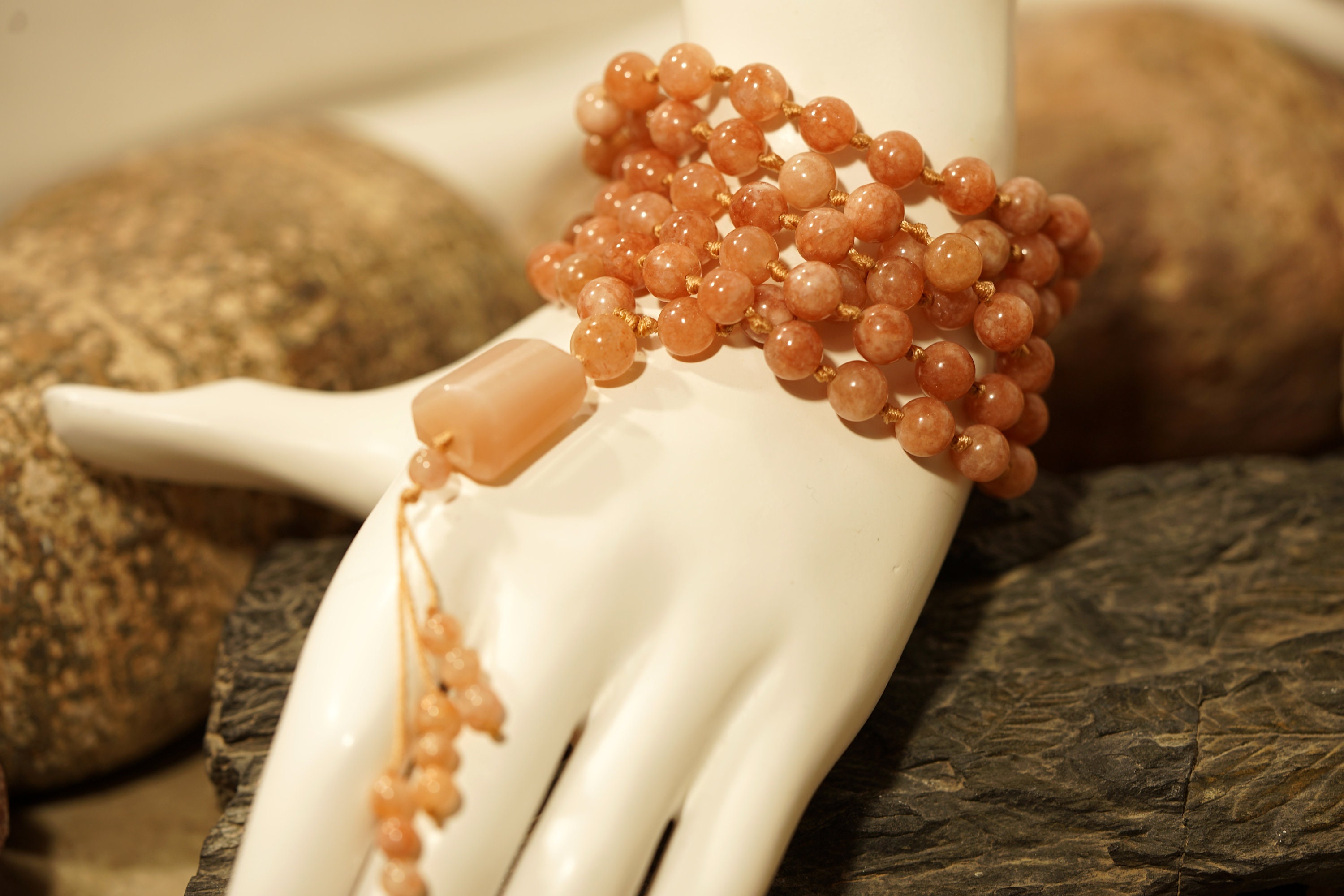 Sunstone Hand-knotted Mala (108 And Guru), Necklace With 8-mm Beads And A Beaded Tassel 1408