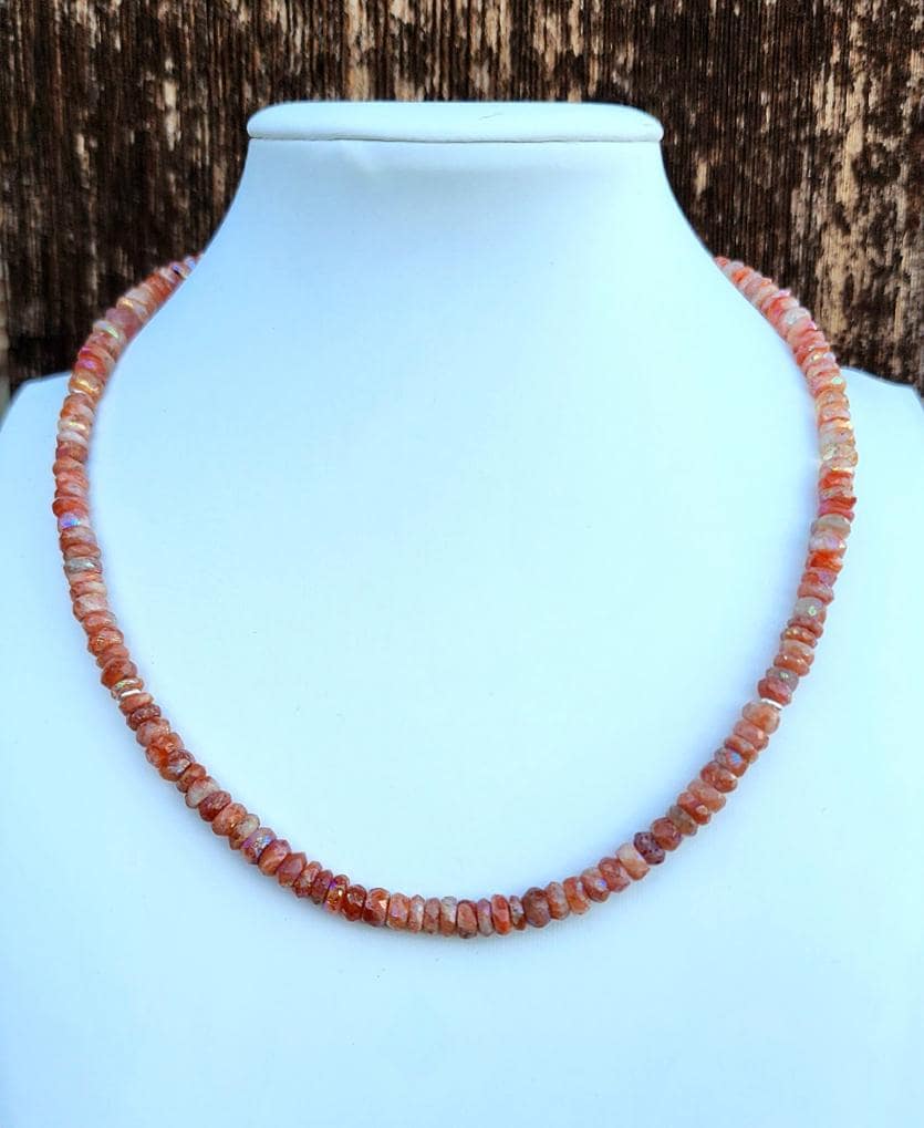 Mystic Sunstone Gemstone Choker Necklace Sterling Silver, 16 Inch Necklace, Pretty Dainty Orange Summer Gemstone Necklace, Sunstone Jewelry