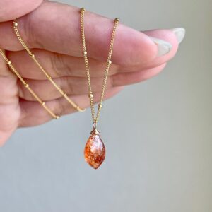 Sunstone Necklace, Orange Oregon Sunstone Pointy Teardrop Layering Necklace on Satellite Chain in Gold or Silver, Dainty Mother's Day Gift