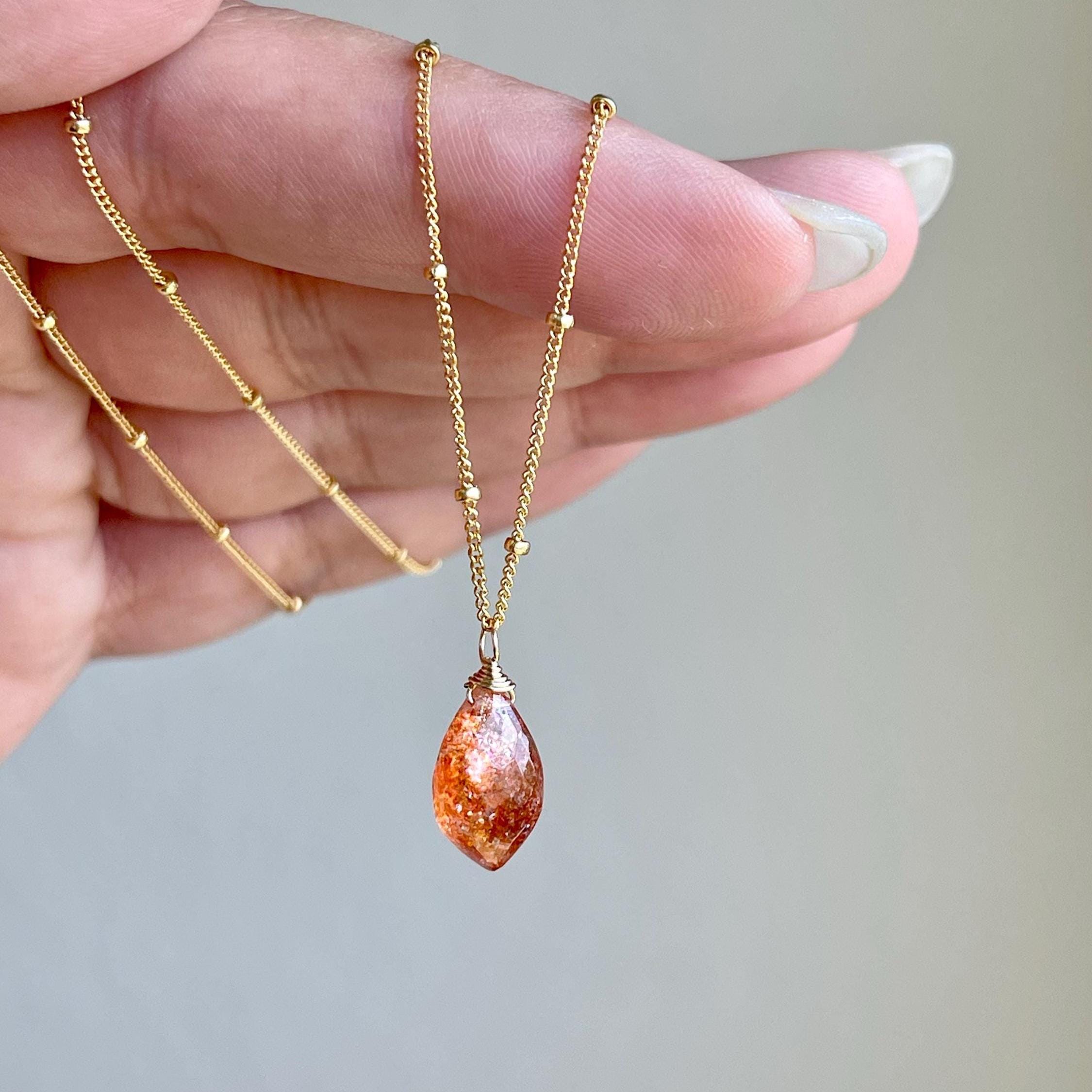 Sunstone Necklace, Orange Oregon Sunstone Pointy Teardrop Layering Necklace On Satellite Chain In Gold Or Silver, Dainty Mother's Day Gift