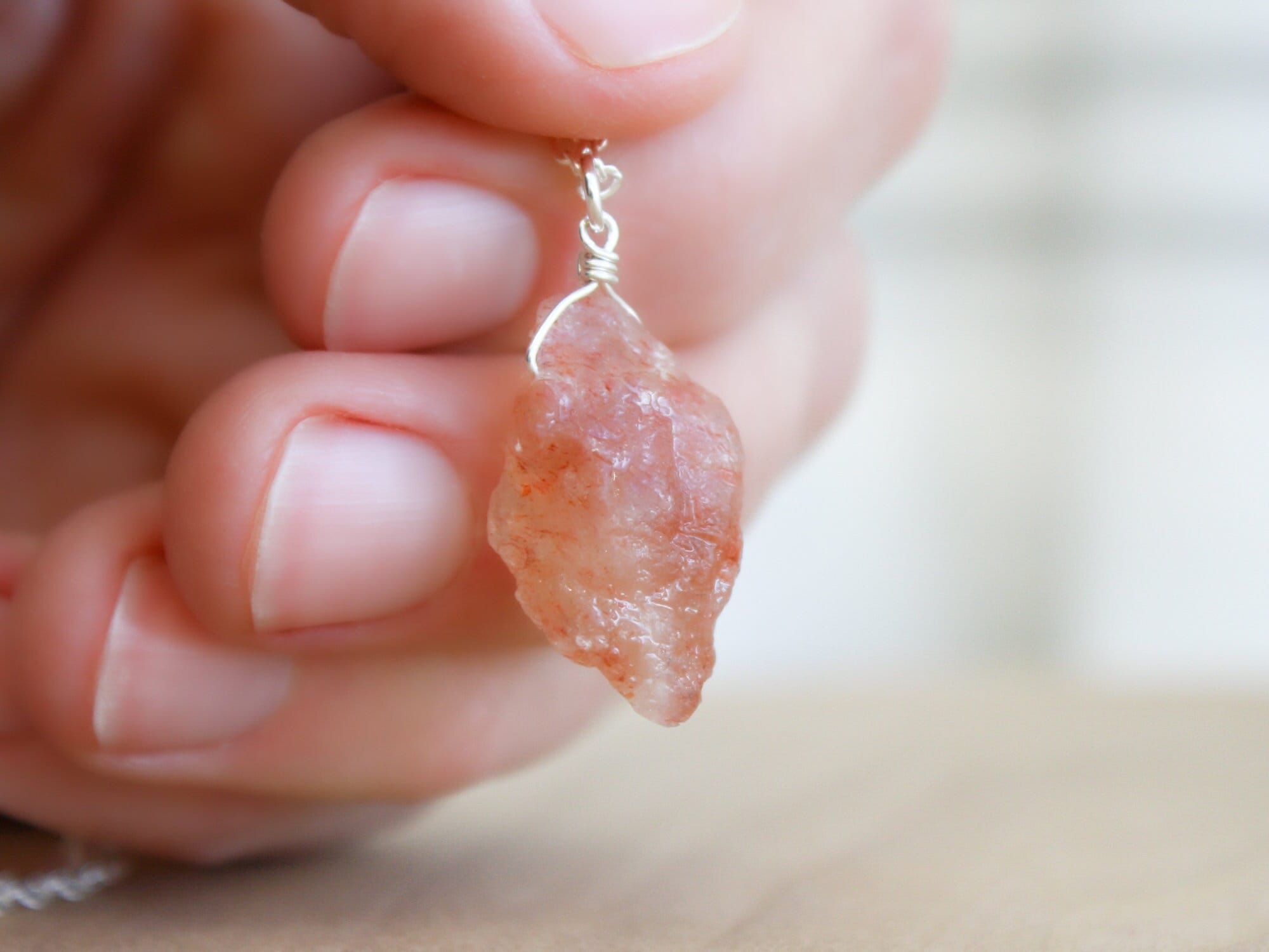 Raw Sunstone Necklace: Natural Crystal Gemstone, Sterling Silver