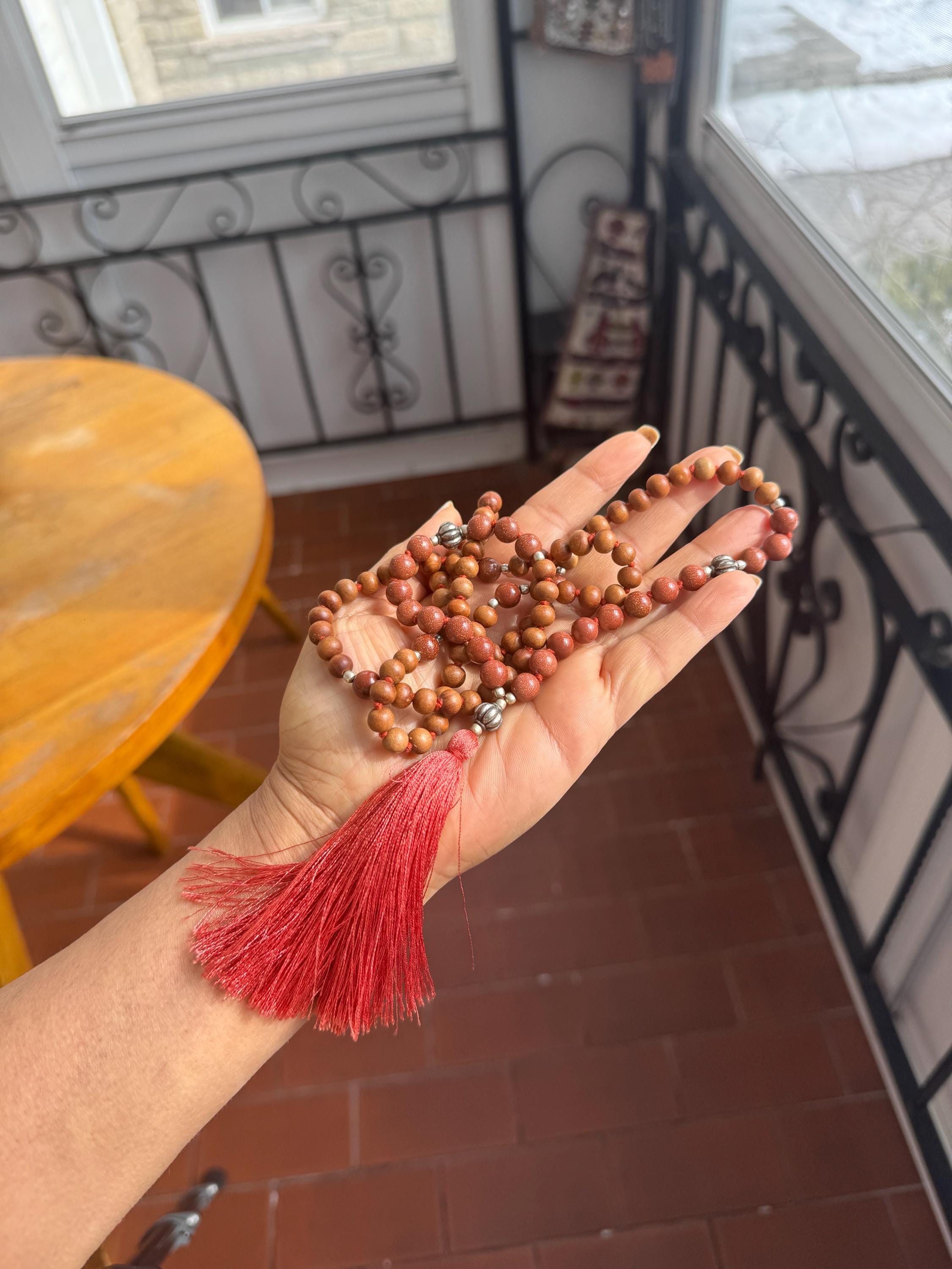 Sandalwood Sunstone 108 Mala Necklace Prayer Beads Yoga Gift