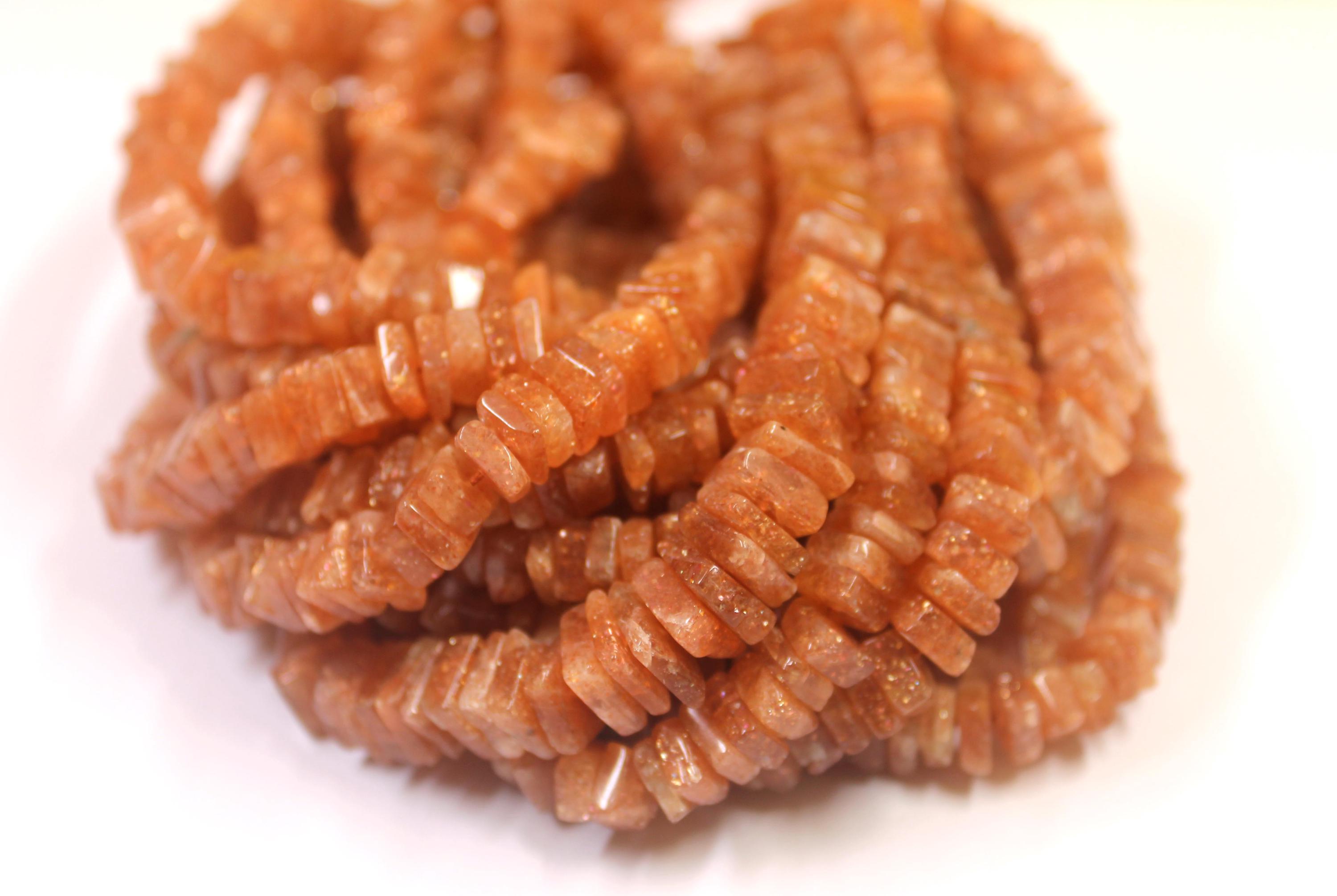 16" Natural Sunstone Heishi Beads: 6.5-7mm Square Gemstone Strand