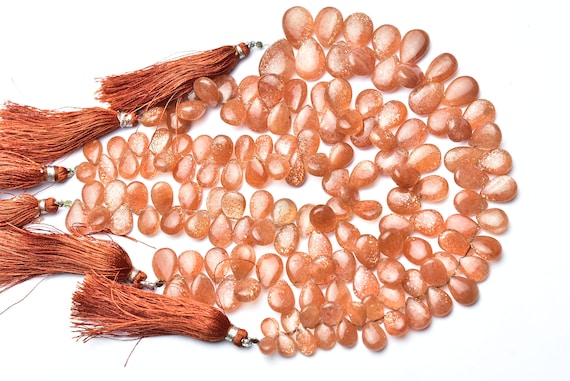 Sunstone Smooth Pear Bead Strand - 8 Inches - Natural Beautiful Smooth Sunstone Pear Briolettes - Size Is 8x10- 11x8mm #2234