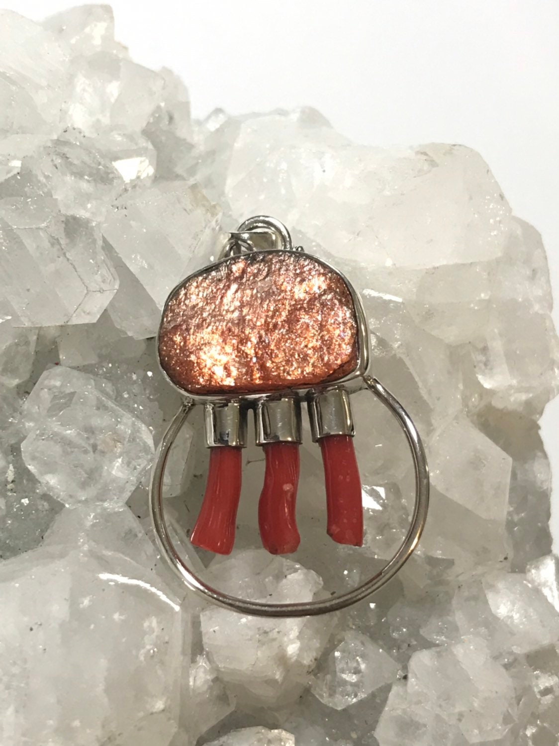 Abstract Rough Sunstone And Red Branch Coral Pendant