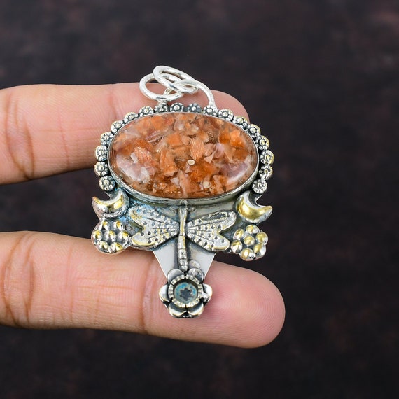 Handmade Sunstone Pendant: 925 Sterling Silver Dragonfly Jewelry