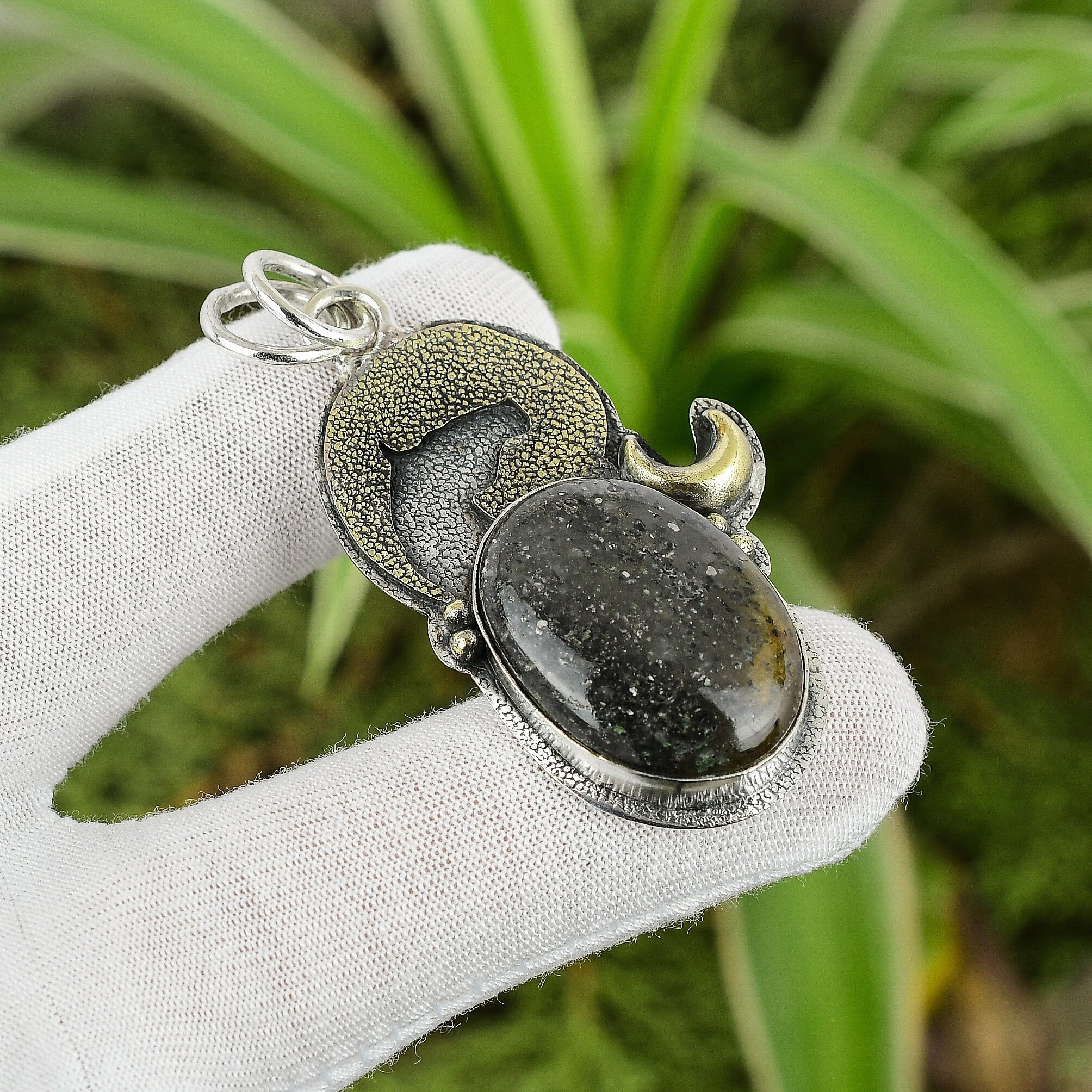Handmade Black Sunstone Pendant: 925 Sterling Silver, 18k Gold Plated Handmade Black Sunstone Pendant: 925 Sterling Silver, 18k Gold Plated