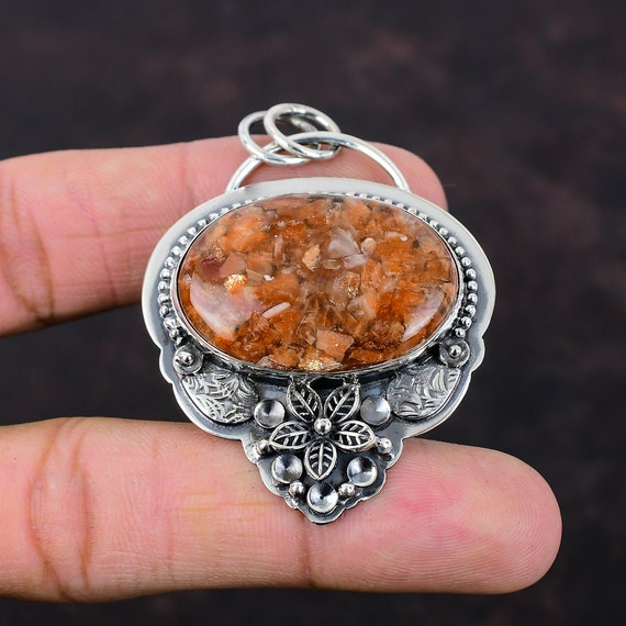 Handmade Sunstone Pendant: Boho Flower Jewelry, 925 Sterling Silver