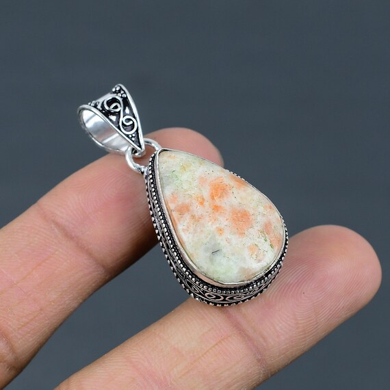 Handmade Pear Sunstone Pendant: 925 Sterling Silver, 18k Gold Plated