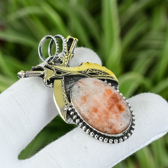 Handmade Sunstone Sword Pendant: 925 Sterling Silver, 18k Gold Plated