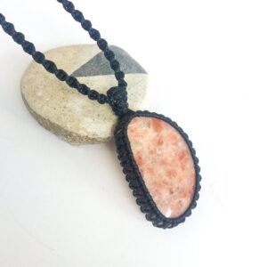 Sunstone Macrame Necklace, Half Moon Pendant, Boho Beach Jewelry Sunstone Macrame Necklace, Half Moon Pendant, Boho Beach Jewelry