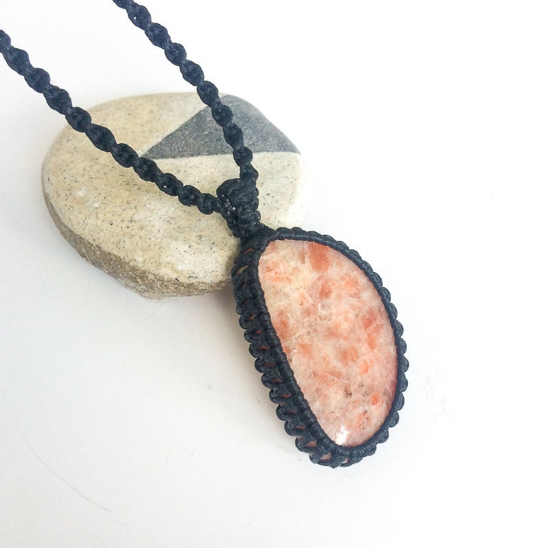 Sunstone Macrame Necklace, Half Moon Pendant, Boho Beach Jewelry