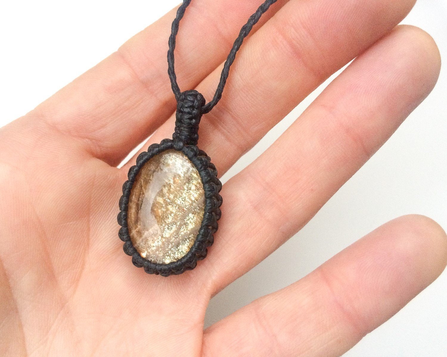 Natural Sunstone Macrame Necklace, Orange Gemstone Pendant, Adjustable