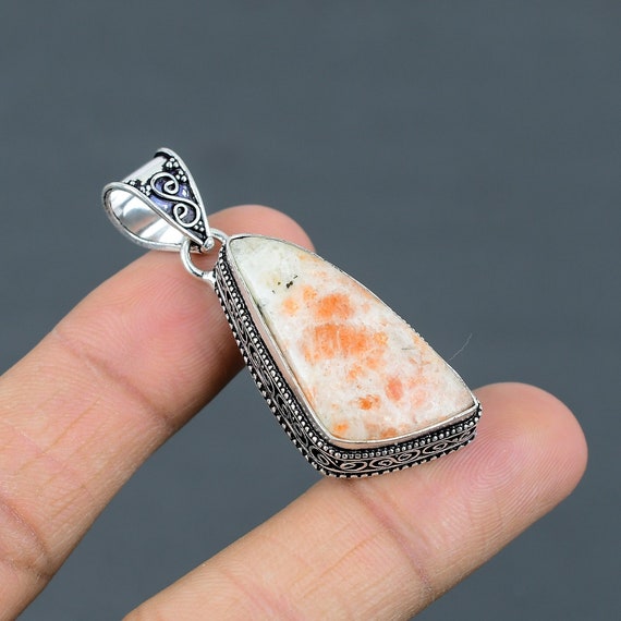 Vintage Trillion Sunstone Pendant: 925 Sterling Silver Handmade Jewelry