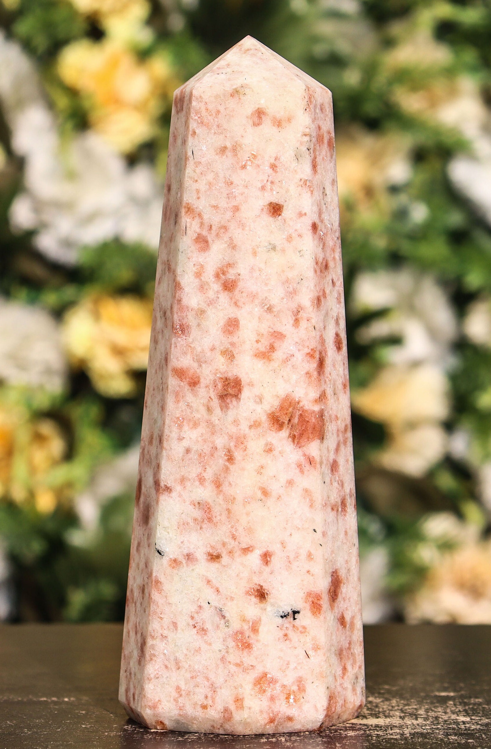 Oregon Sunstone Tower: 8 Faceted Heliolite Crystal, Chakra Meditation