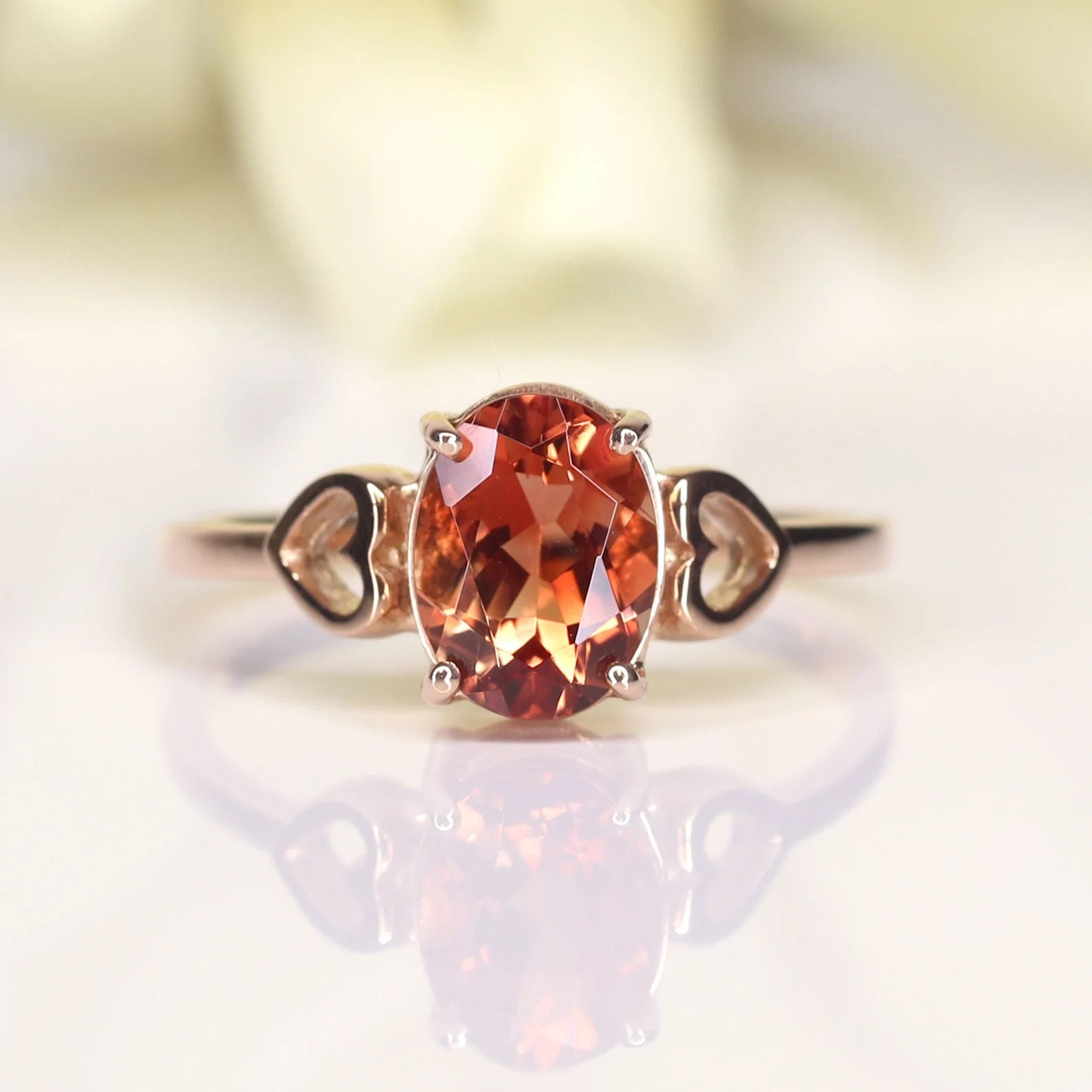 14k Rose Gold Oval Sunstone Ring: Simple Bridal Promise Ring